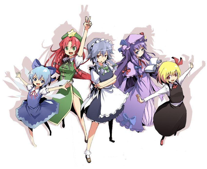 izayoi sakuya, cirno, patchouli knowledge, hong meiling, and rumia (touhou) drawn by kasuga_ayumu_(haruhipo)