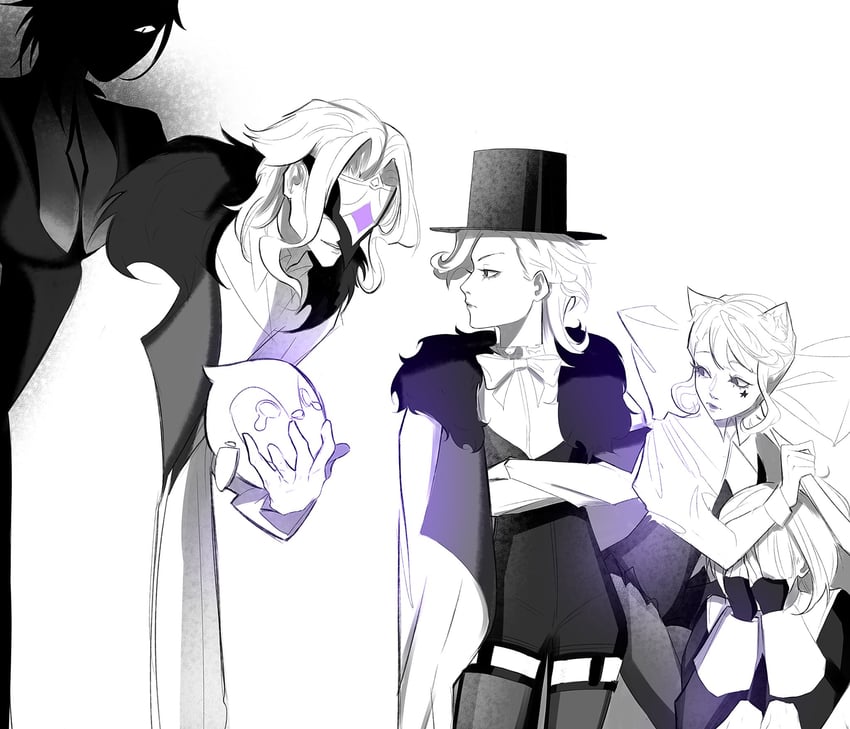 arlecchino, lynette, lyney, and dottore (genshin impact) drawn by leaenil