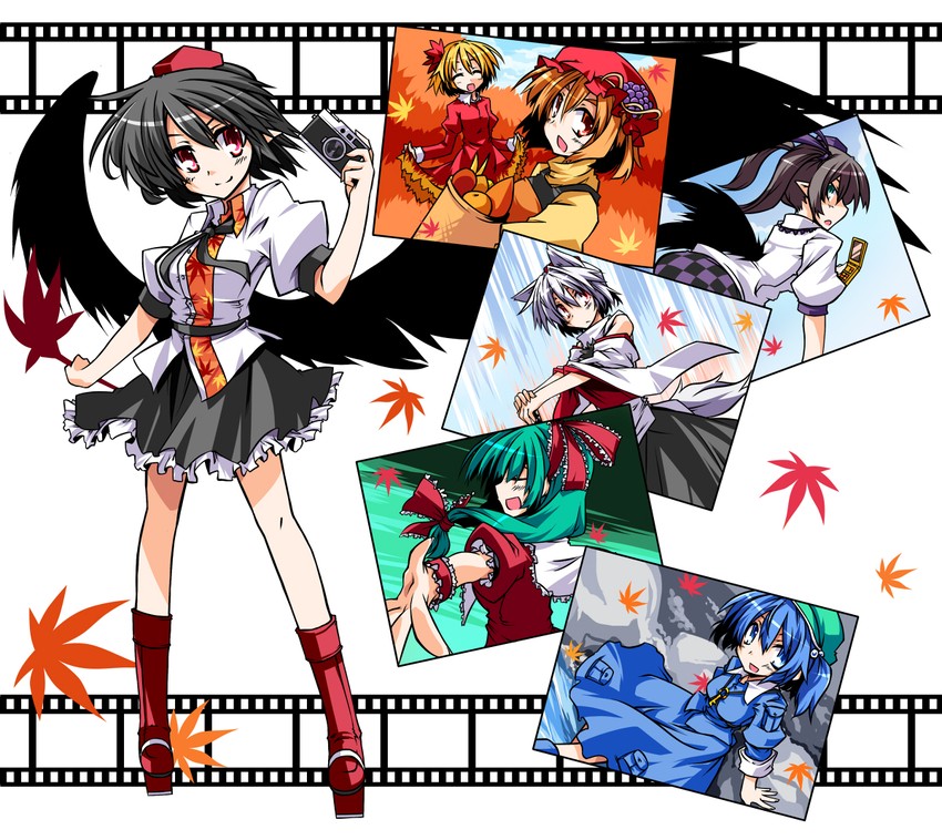 shameimaru aya, inubashiri momiji, kawashiro nitori, kagiyama hina, himekaidou hatate, and 2 more (touhou) drawn by hemogurobin_a1c