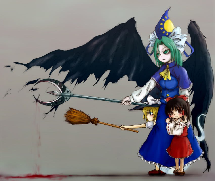 hakurei reimu, kirisame marisa, and mima (touhou) drawn by shisen