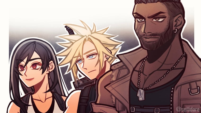 tifa lockhart, cloud strife, and barret wallace (final fantasy and 2 more) drawn by seilidare