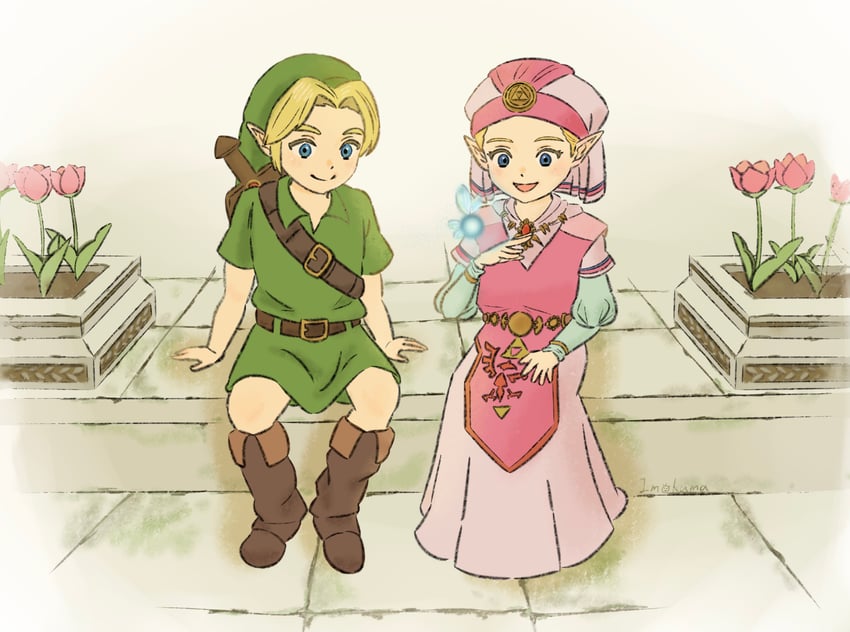 link, princess zelda, young link, navi, and young zelda (the legend of zelda and 1 more) drawn by imokuma