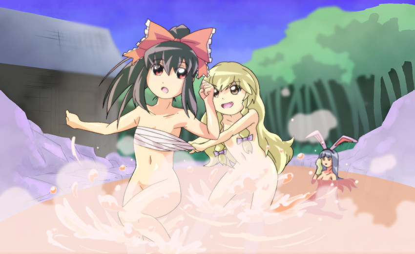hakurei reimu, kirisame marisa, and reisen udongein inaba (touhou) drawn by shokkin