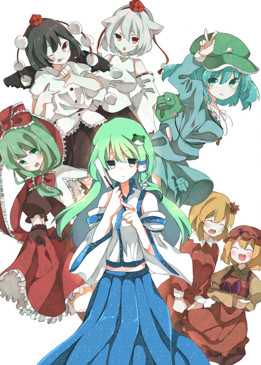 kochiya sanae, shameimaru aya, inubashiri momiji, kawashiro nitori, kagiyama hina, and 2 more (touhou) drawn by mochinoayu