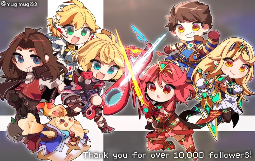 pyra, rex, mythra, shulk, fiora, and 3 more (xenoblade chronicles and 3 more) drawn by mugimugis