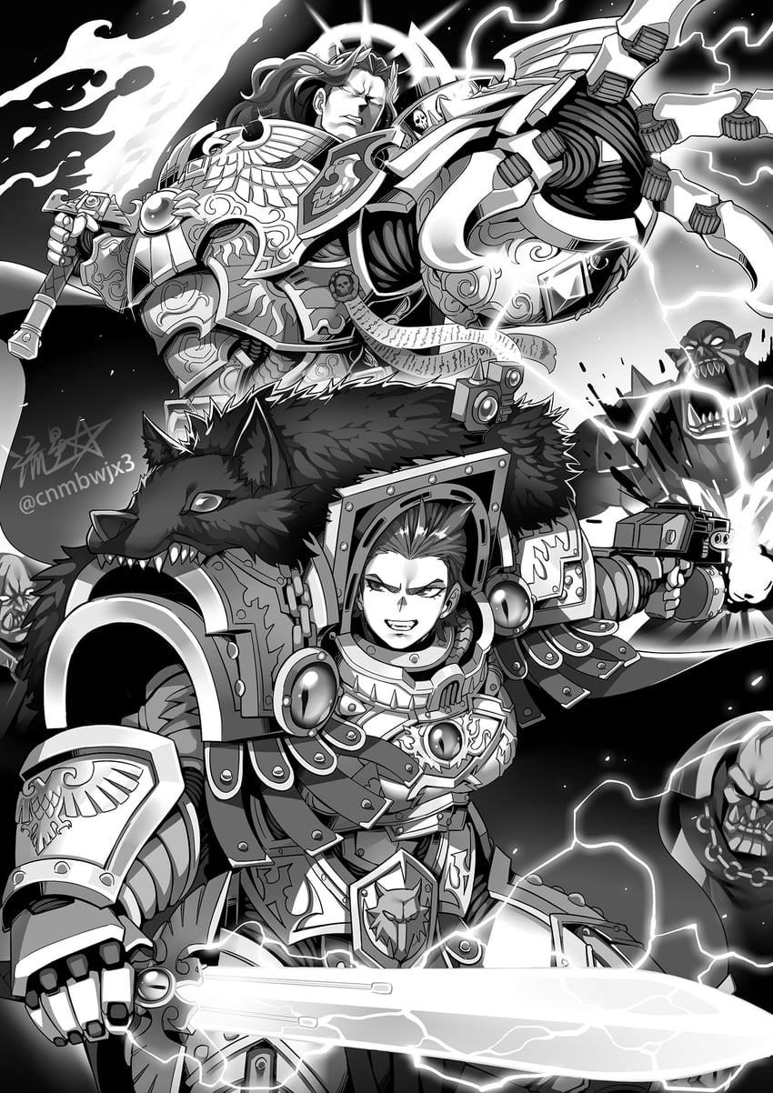 emperor of mankind, horus lupercal, and ork (warhammer 40k) drawn by ryuusei_(mark_ii)