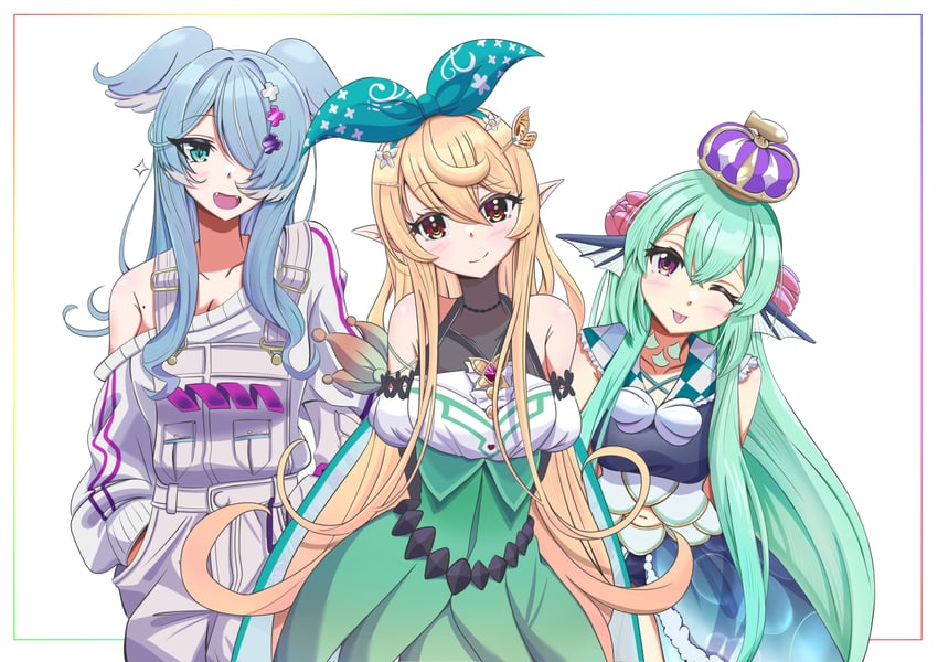elira pendora, pomu rainpuff, and finana ryugu (nijisanji and 1 more) drawn by takezomitsurugi