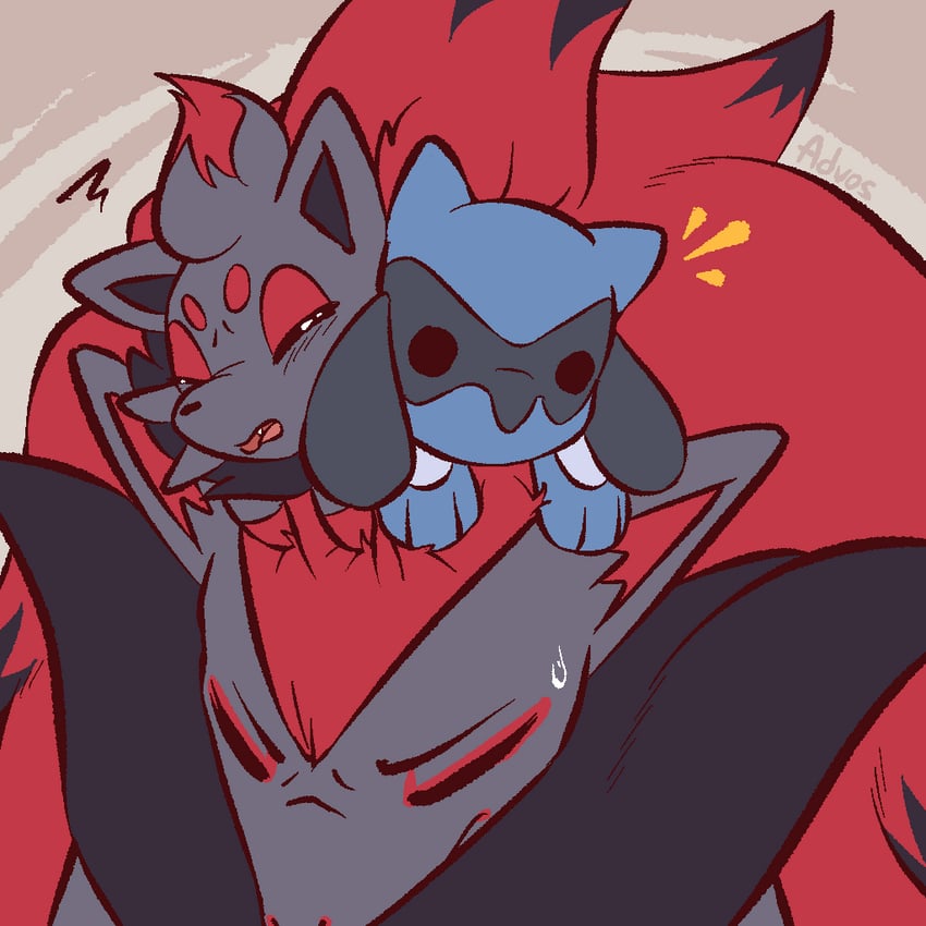 zorua, riolu, and zoroark (pokemon) drawn by advos