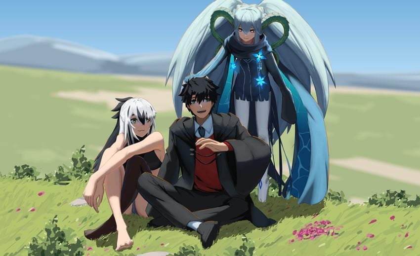 fujimaru ritsuka, tiamat, nagao kagetora, larva tiamat, and uesugi kenshin (fate and 1 more) drawn by paperpillar