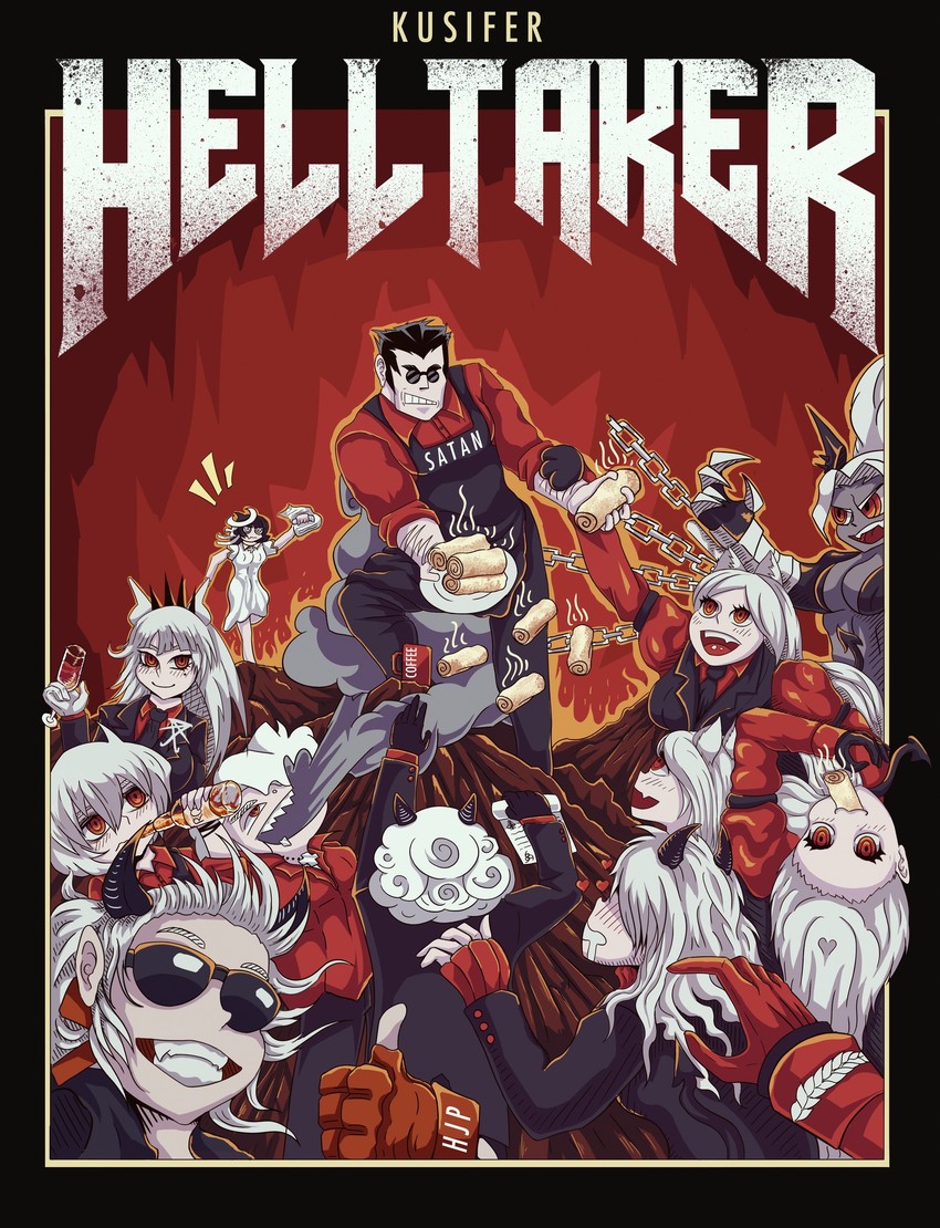 lucifer, modeus, justice, helltaker, cerberus, and 6 more (helltaker and 2 more) drawn by kusifer