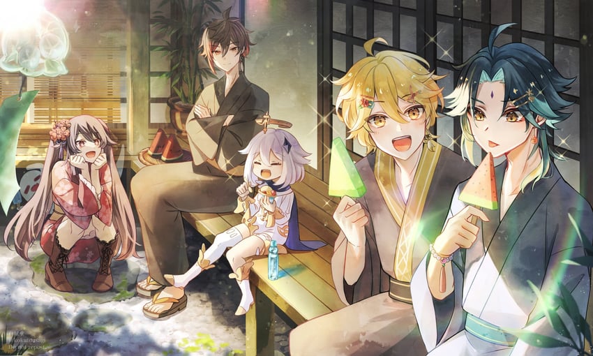 hu tao, aether, zhongli, paimon, xiao, and 1 more (genshin impact) drawn by kokutousagi