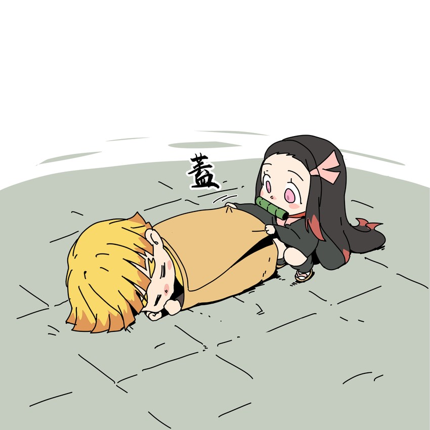 kamado nezuko and agatsuma zenitsu (kimetsu no yaiba) drawn by artofmiin