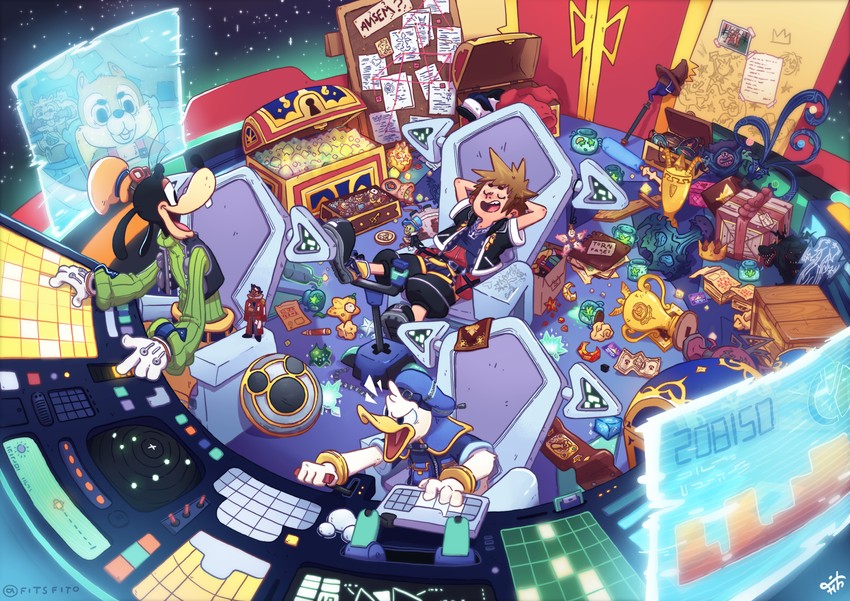 sora, donald duck, goofy, auron, chip, and 2 more (final fantasy and 6 more) drawn by fitsfito