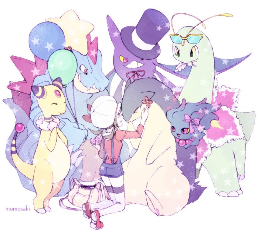 lyra, typhlosion, ampharos, misdreavus, feraligatr, and 2 more (pokemon and 1 more) drawn by momosaki_hiromu