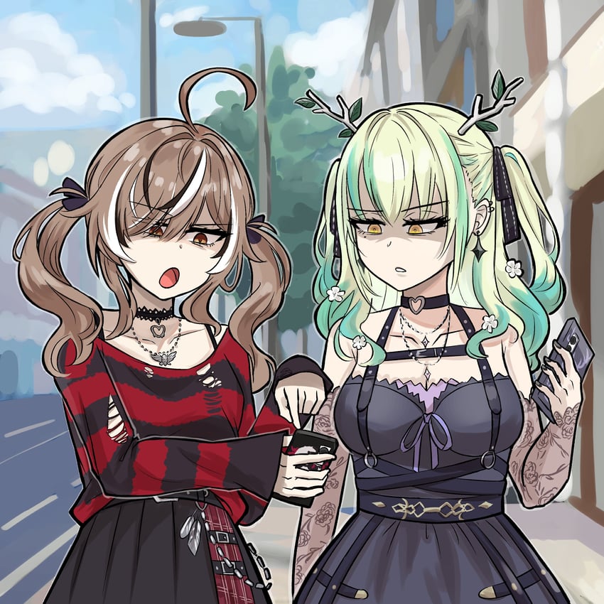 nanashi mumei and ceres fauna (hololive and 1 more) drawn by dunkemz