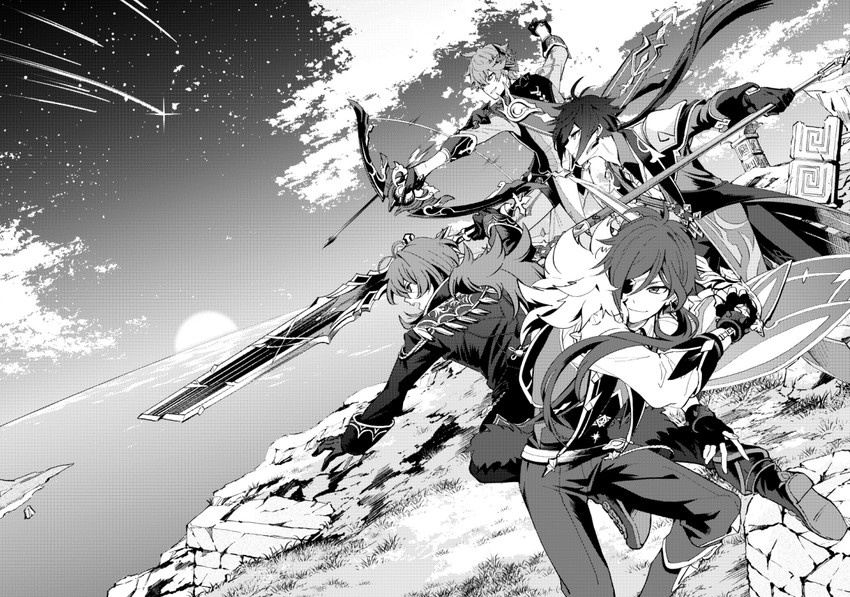 zhongli, tartaglia, diluc, and kaeya (genshin impact) drawn by sio_genshin