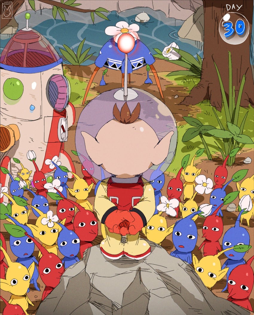 red pikmin, olimar, yellow pikmin, and blue pikmin (pikmin) drawn by bendedede