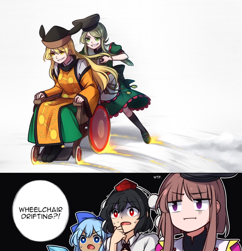 cirno, shameimaru aya, matara okina, nishida satono, teireida mai, and 1 more (touhou and 2 more) drawn by speckticuls
