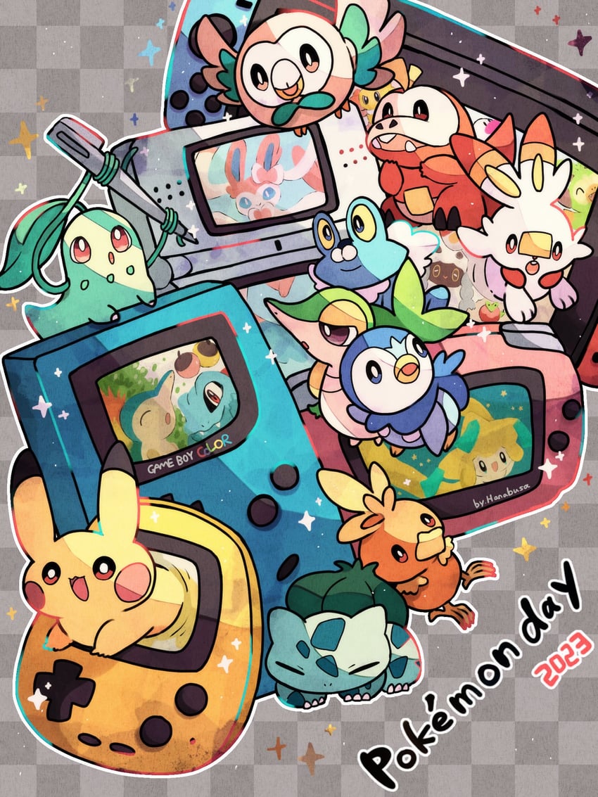 pikachu, rowlet, piplup, bulbasaur, sylveon, and 15 more (pokemon and 1 more) drawn by hanabusaoekaki