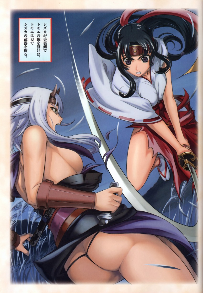 tomoe, musha miko tomoe, and shizuka (queen's blade) drawn by eiwa