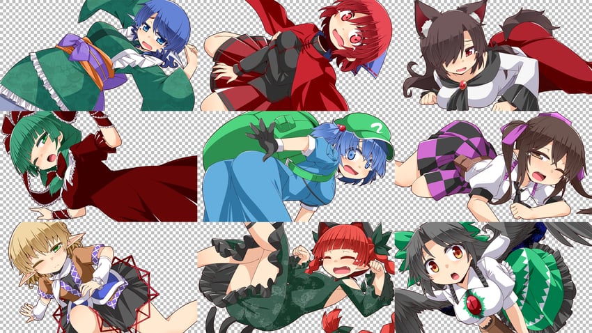 kaenbyou rin, reiuji utsuho, kawashiro nitori, mizuhashi parsee, kagiyama hina, and 5 more (touhou) drawn by hemogurobin_a1c