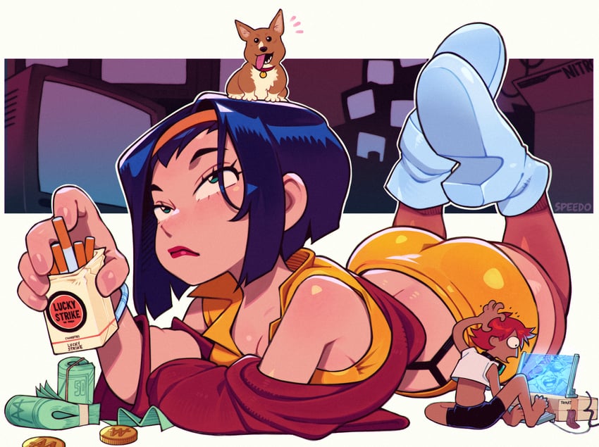 faye valentine, edward wong hau pepelu tivrusky iv, and ein (cowboy bebop) drawn by speedoru