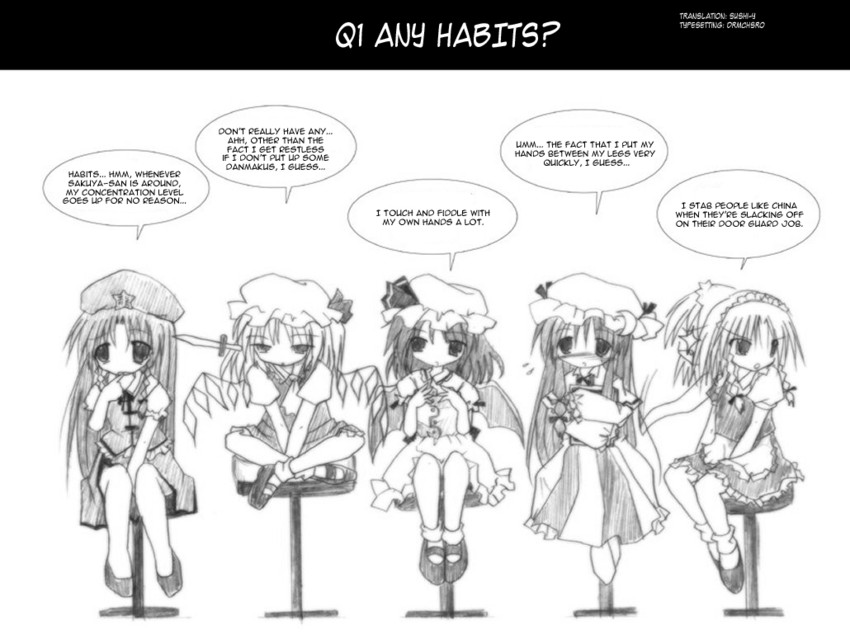 remilia scarlet, flandre scarlet, izayoi sakuya, patchouli knowledge, and hong meiling (touhou and 1 more) drawn by izumi_yukiru