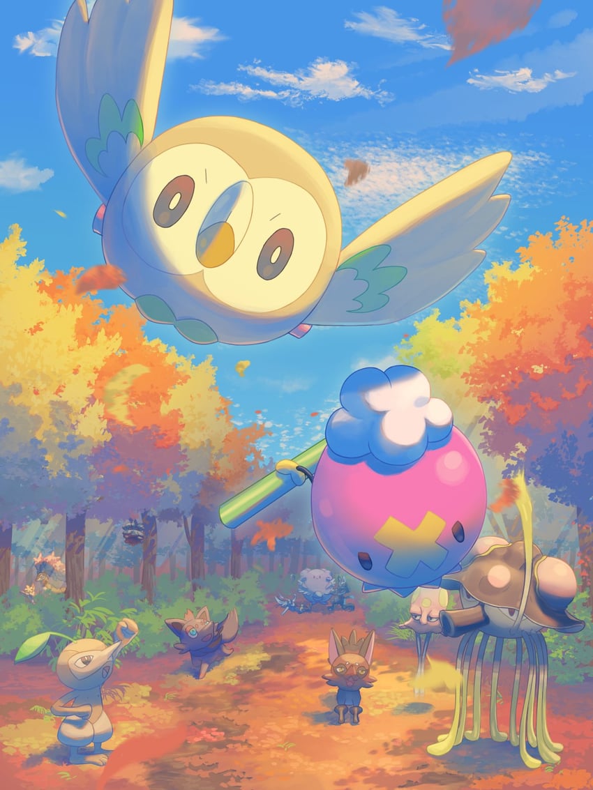 rowlet, lucario, cinderace, drifloon, zorua, and 8 more (pokemon) drawn by mokukitusui