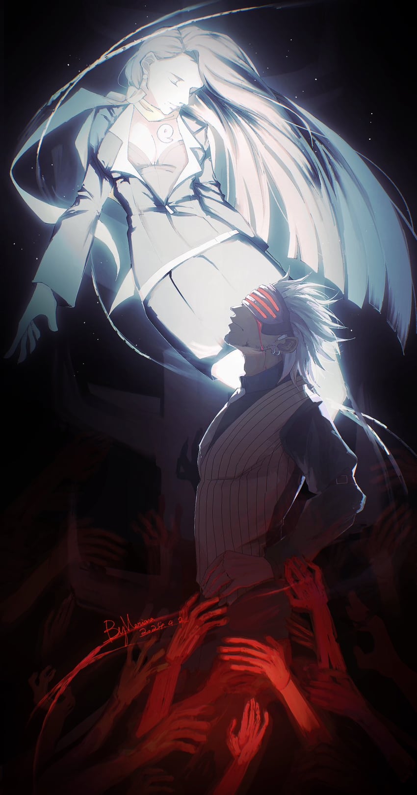 mia fey and godot (ace attorney) drawn by merianaka
