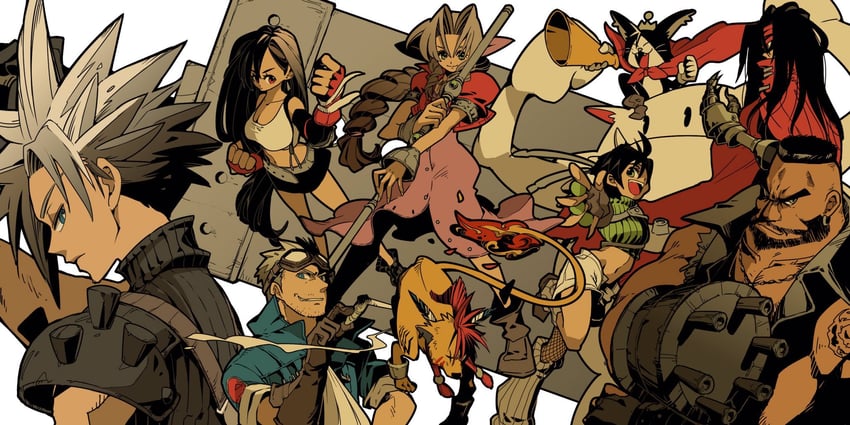 tifa lockhart, cloud strife, aerith gainsborough, yuffie kisaragi, moogle, and 5 more (final fantasy and 1 more) drawn by d_d_work