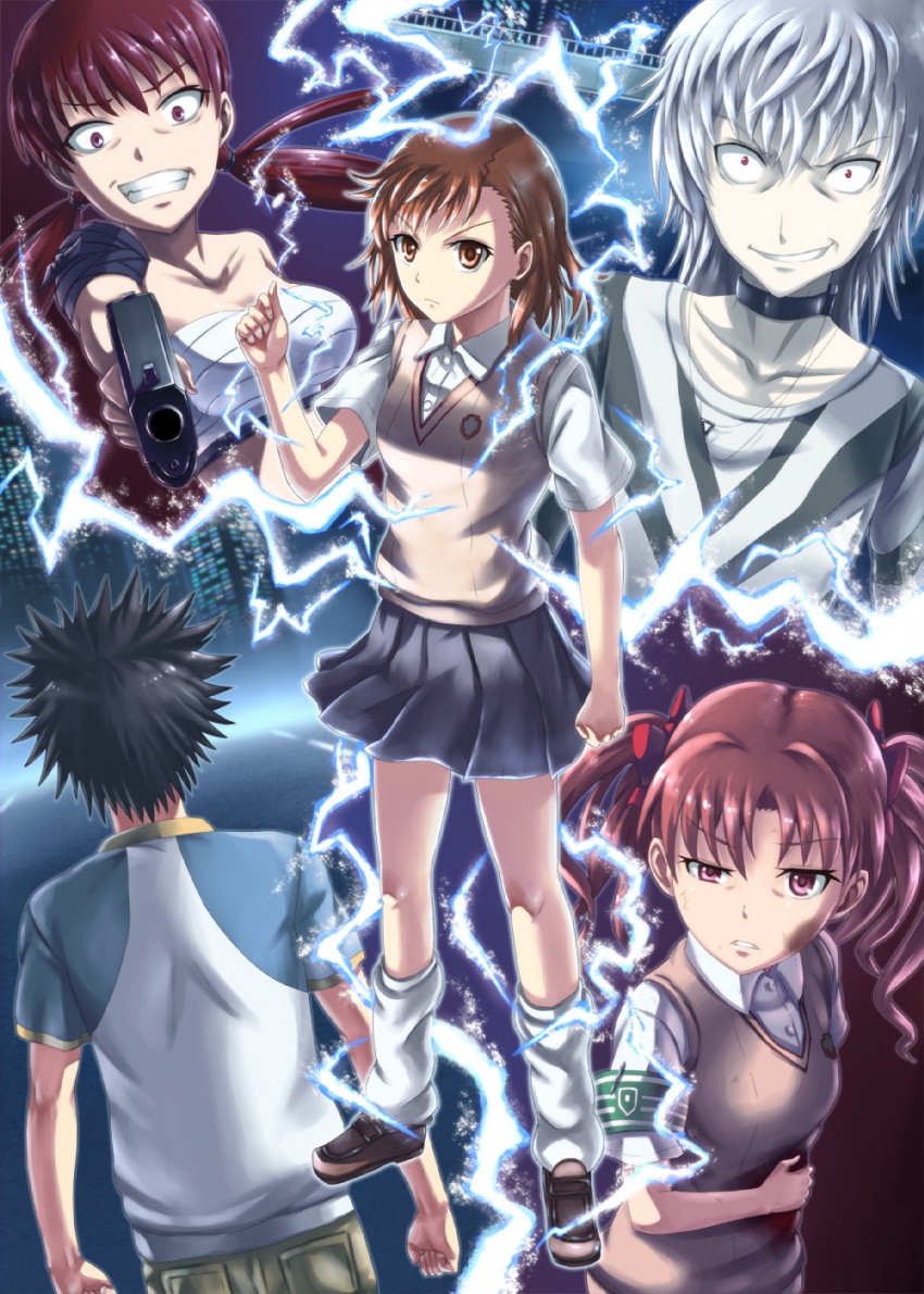 misaka mikoto, shirai kuroko, kamijou touma, accelerator, and musujime awaki (toaru majutsu no index and 1 more) drawn by shingo_(picturepuzzle)