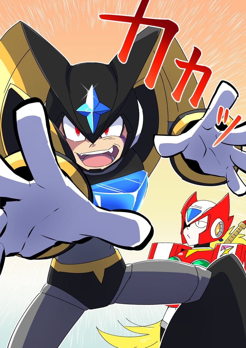 zero and bass (mega man and 1 more) drawn by hiyoko_ai