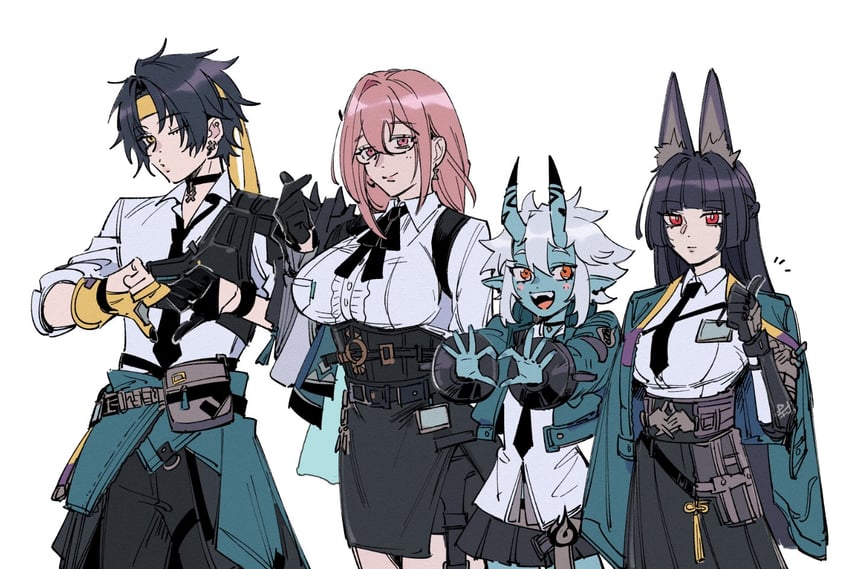 hoshimi miyabi, tsukishiro yanagi, soukaku, and asaba harumasa (zenless zone zero) drawn by offnanoda