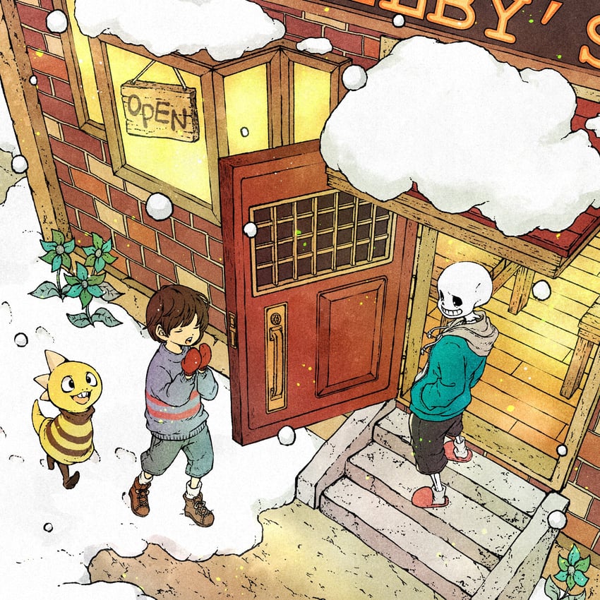 frisk, sans, and monster kid (undertale) drawn by toriga