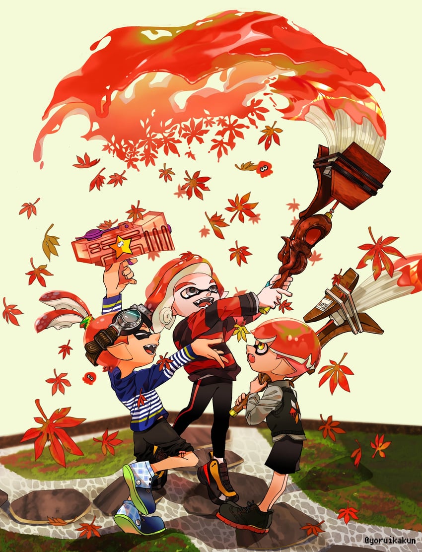 inkling player character, octoling player character, inkling boy, and octoling boy (splatoon and 1 more) drawn by yoruikakun