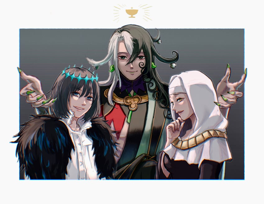 oberon, sessyoin kiara, and ashiya douman (fate and 1 more) drawn by makkura_(gloe)