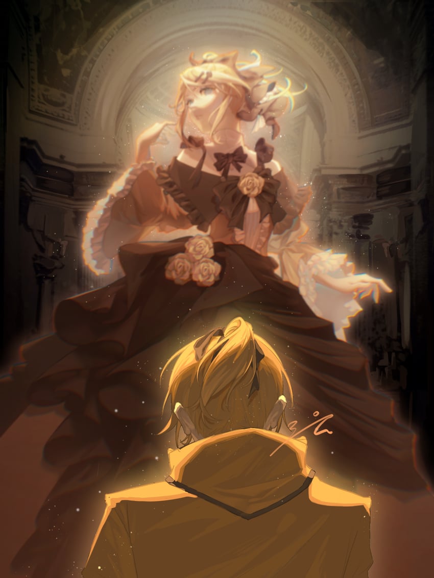 kagamine rin, kagamine len, riliane lucifen d'autriche, and allen avadonia (vocaloid and 4 more) drawn by makino_gengetsu