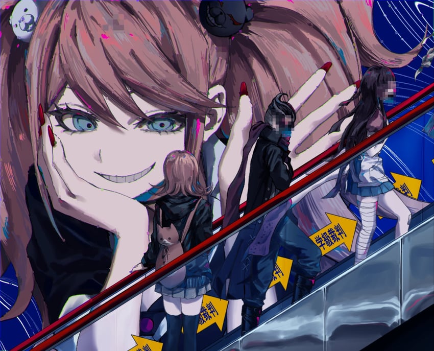 nanami chiaki, enoshima junko, tsumiki mikan, tanaka gundham, and pekoyama peko (danganronpa and 1 more) drawn by umesigeissei