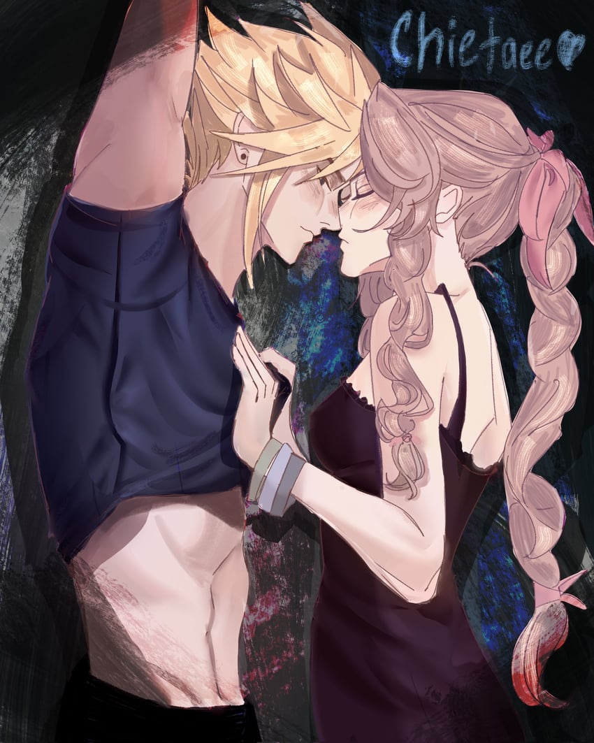 cloud strife and aerith gainsborough (final fantasy and 1 more) drawn by chietaee4ka