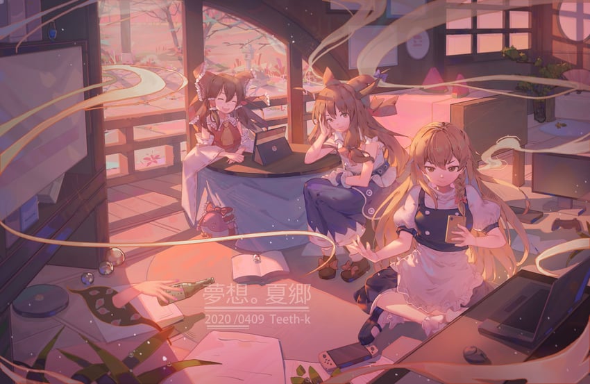 hakurei reimu, kirisame marisa, yakumo yukari, and ibuki suika (touhou) drawn by teeth_(artist)