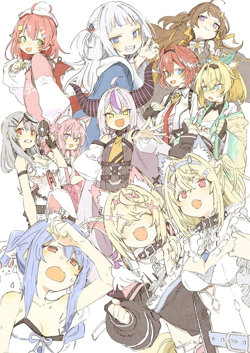 gawr gura, usada pekora, sakura miko, sakamata chloe, la+ darknesss, and 6 more (hololive and 2 more) drawn by abara_heiki