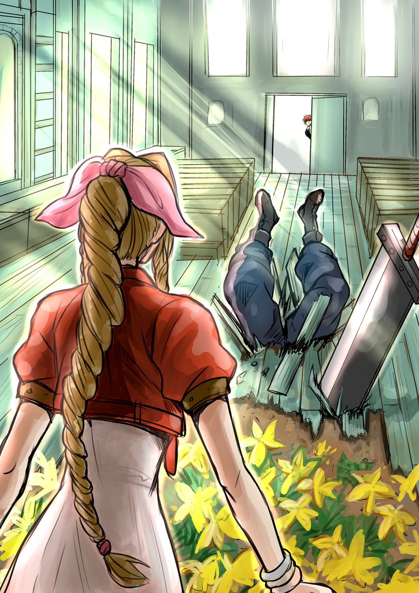 cloud strife, aerith gainsborough, and reno (final fantasy and 1 more) drawn by igusaharu