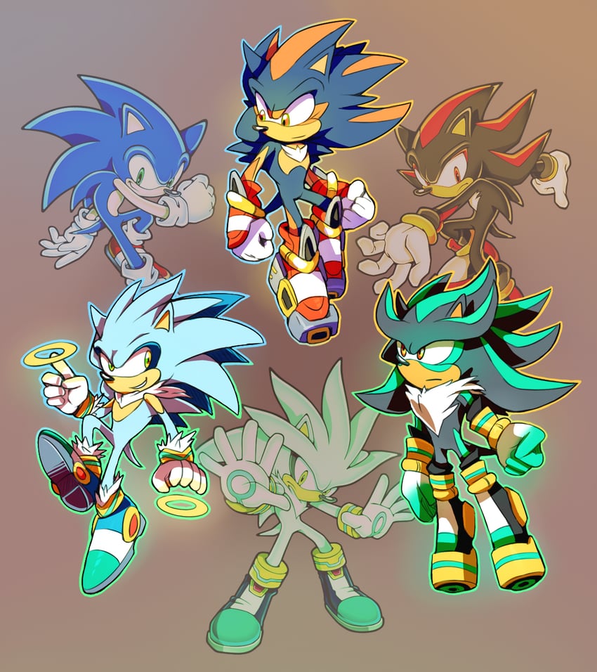 sonic the hedgehog, shadow the hedgehog, and silver the hedgehog (sonic and 4 more) drawn by cylent_nite