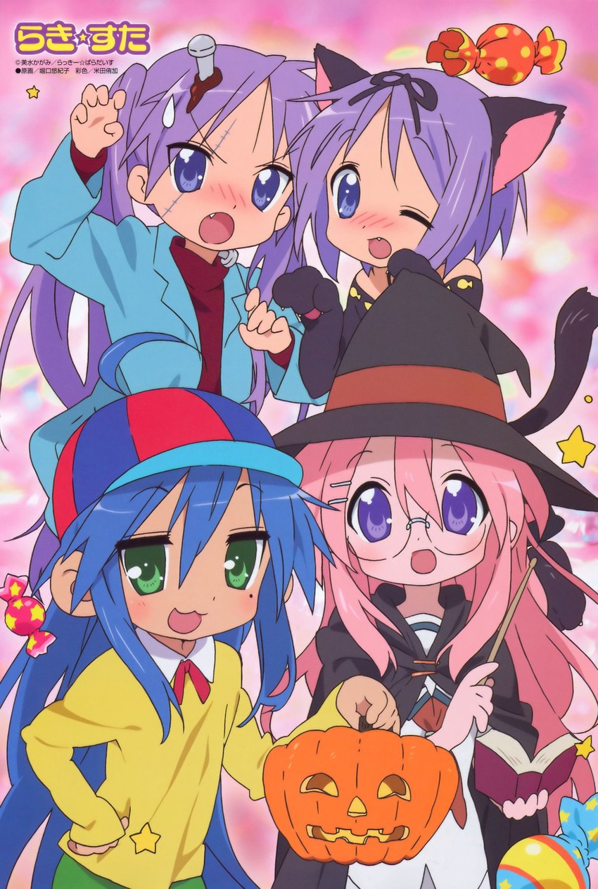 hiiragi kagami, izumi konata, hiiragi tsukasa, takara miyuki, frankenstein's monster, and 1 more (lucky star and 2 more) drawn by horiguchi_yukiko