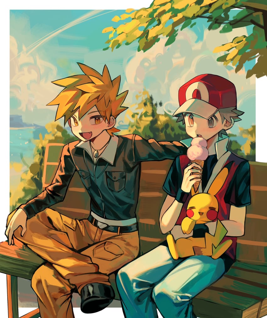 pikachu, red, and blue oak (pokemon and 2 more) drawn by ki2ri5