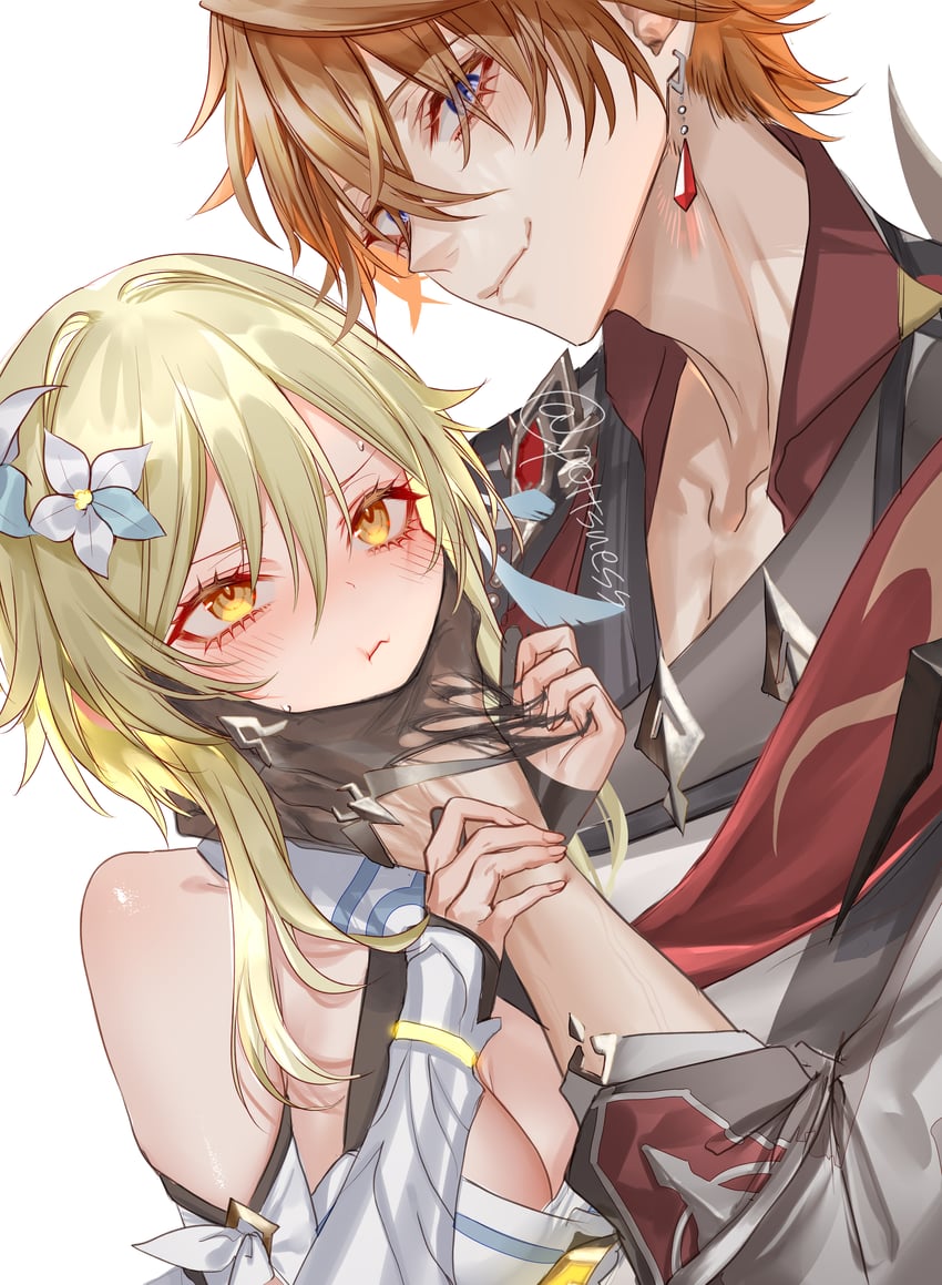 lumine and tartaglia (genshin impact) drawn by pottsness