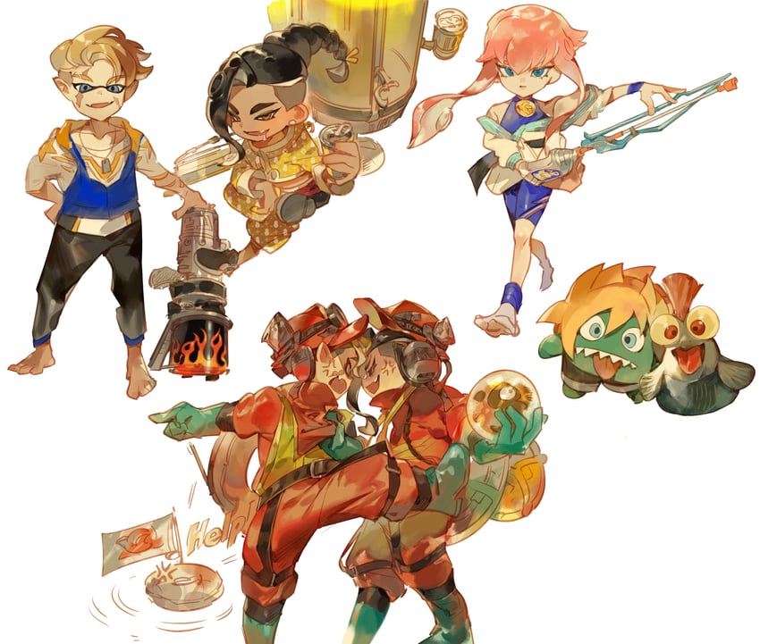 smallfry, luke sullivan, jamie siu, manon legrand, and blanka-chan (splatoon and 2 more) drawn by dq_eir