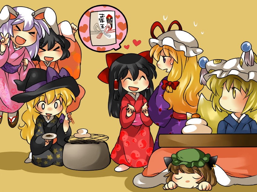 hakurei reimu, kirisame marisa, yakumo yukari, reisen udongein inaba, yakumo ran, and 2 more (touhou) drawn by hammer_(sunset_beach)