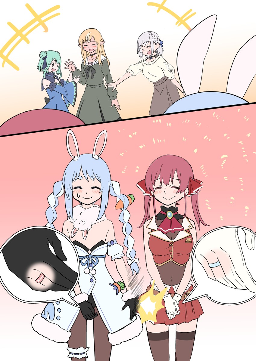 houshou marine, usada pekora, shirogane noel, uruha rushia, shiranui flare, and 1 more (hololive) drawn by vitalizingwind
