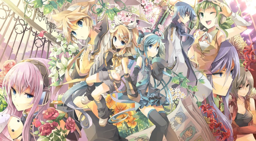 hatsune miku, kagamine rin, kagamine len, megurine luka, kaito, and 3 more (vocaloid and 1 more) drawn by fruit_punch